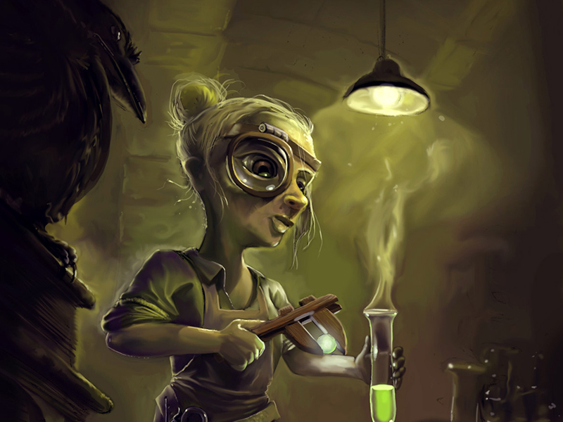 Digitaalinen hahmo kuvitus aiheena steampunk alkemisti.