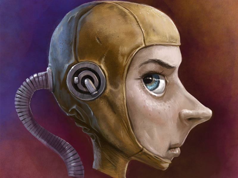 Digitaalinen fantasia kuvitus aiheena fiktiivinen scifi pilotti hahmo.