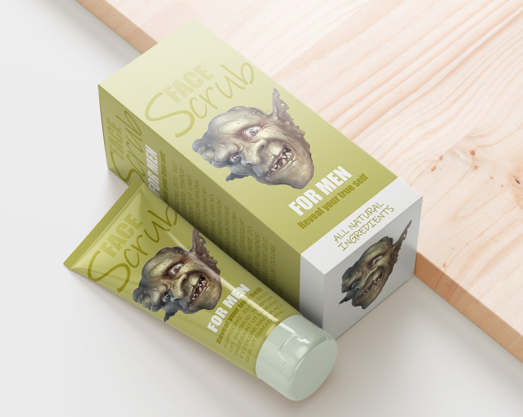 Malliesimerkki pakkaussuunnittelu jossa kuvitus taitettu osaksi luonnonmukaista kosmetiikka pakkausta.