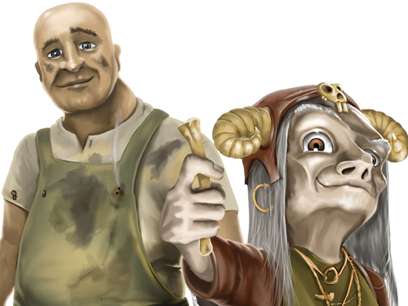 Digitaalinen kuvitus aiheena Kalevalan mytologia hahmot Louhi ja Ilmarinen.