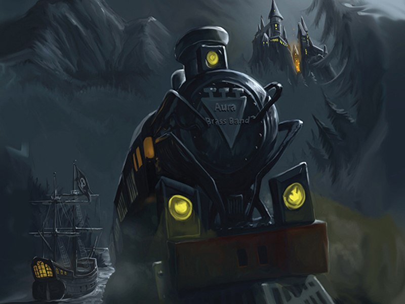 Digitaalinen kuvitus aiheena kummitusjuna ja fantasia.