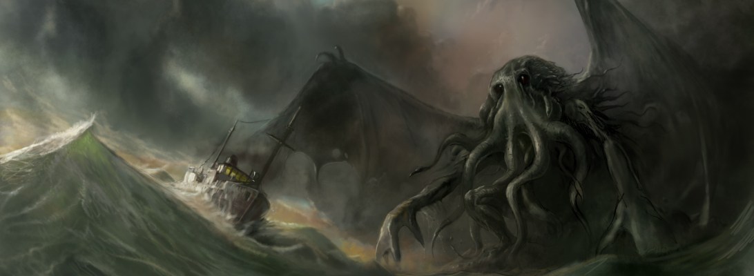Digitaalinen fantasia kuvitus aiheena H.P.Lovecraftin Cthulhu mytologia ja merimaisema.