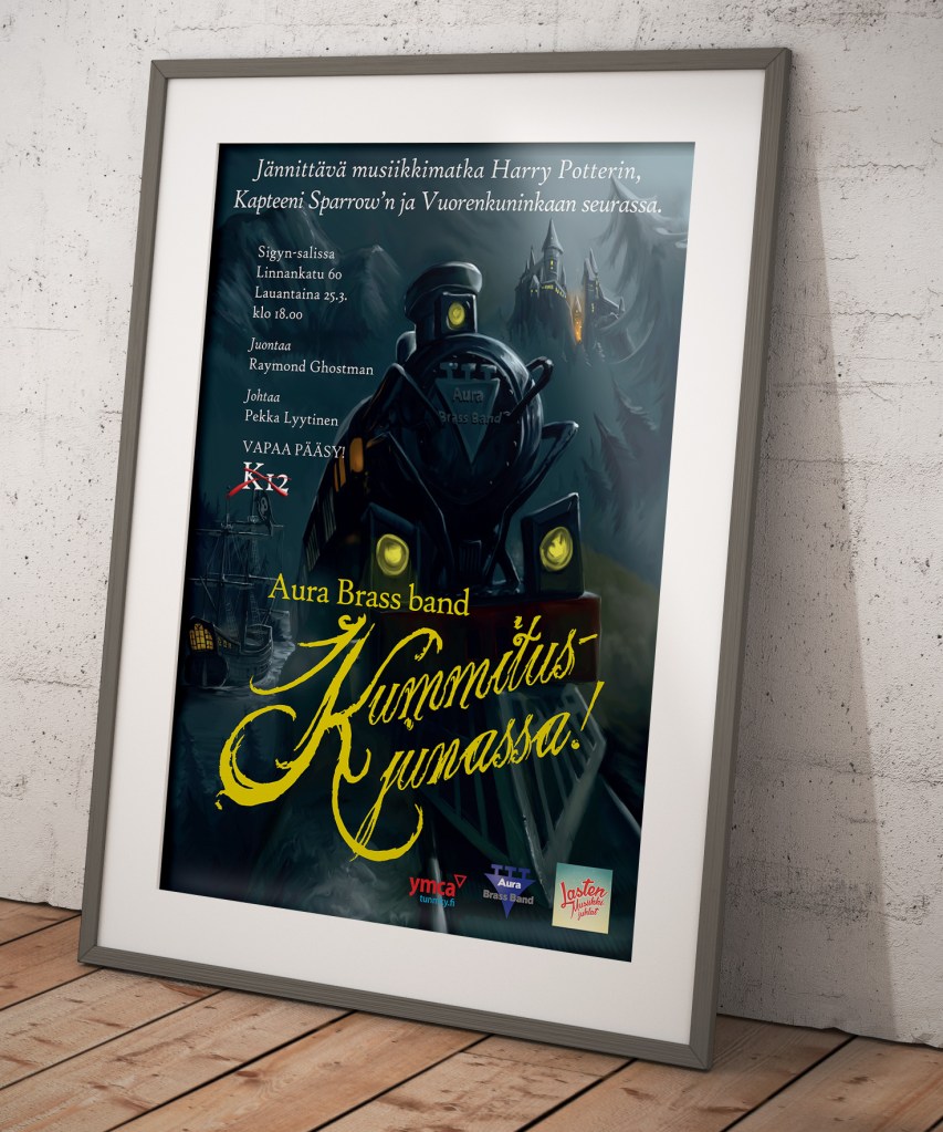 Taitettu juliste jossa kummitusjuna kuvitus.