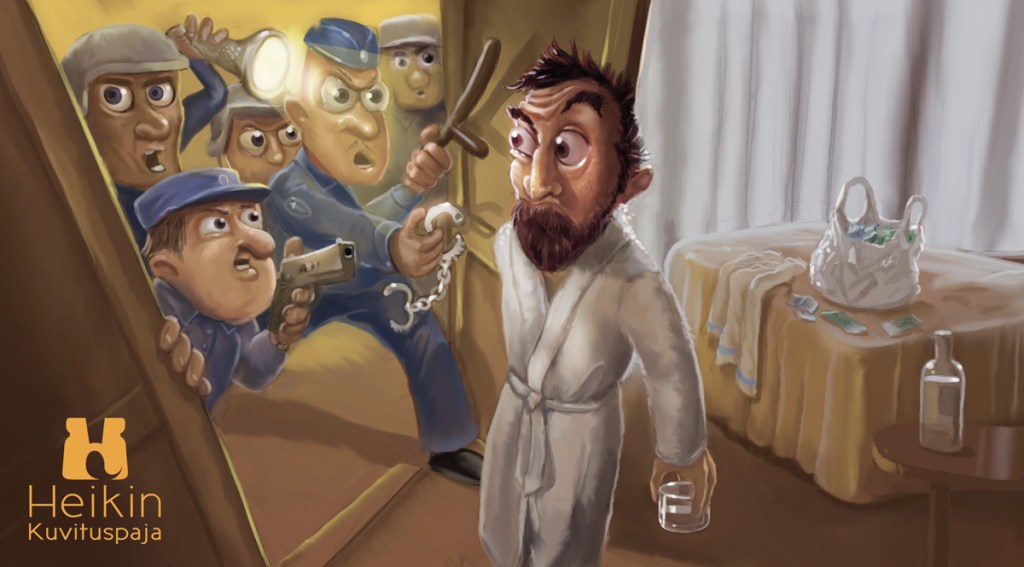 Humoristinen kuvitus pakinaan aiheena poliisi ja väärinkäsitys.