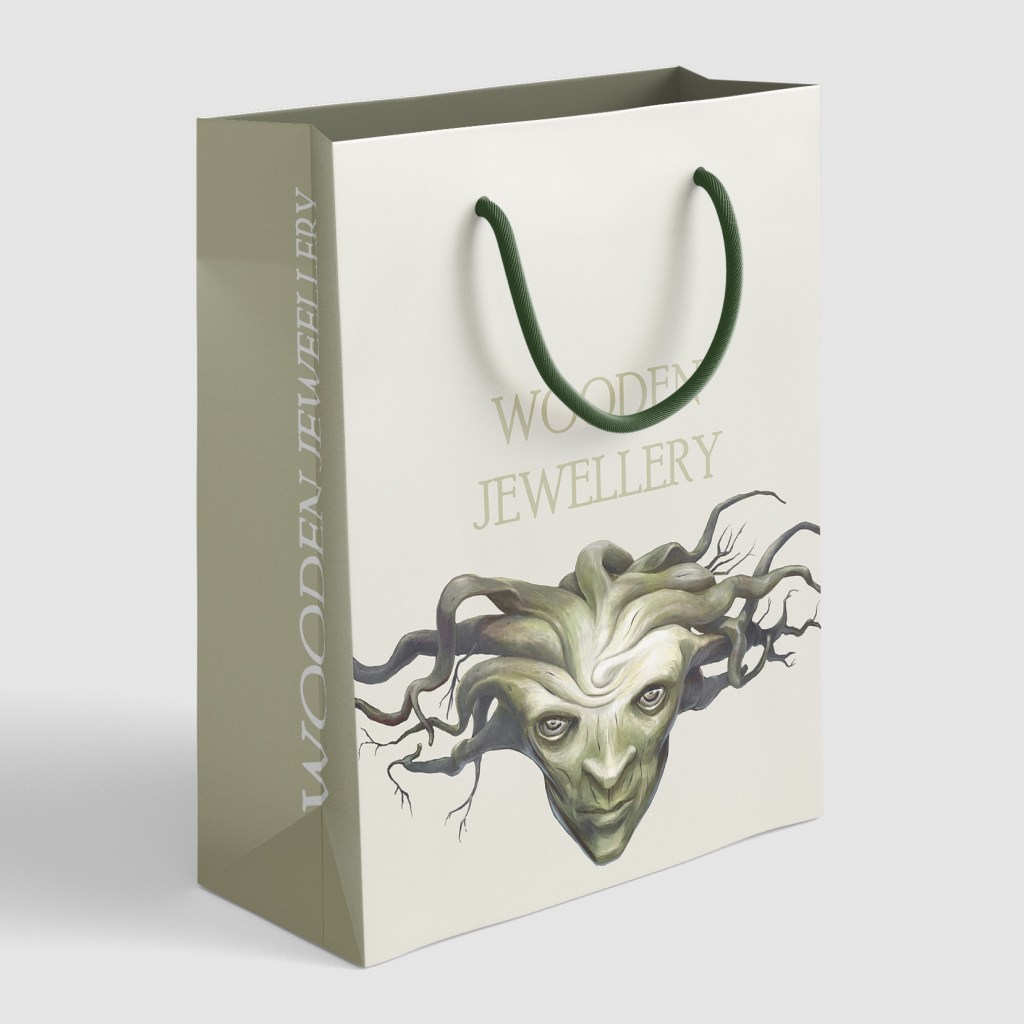 Mallinnettu ekologinen paperilahjakassi jossa erottuva kuvitus.