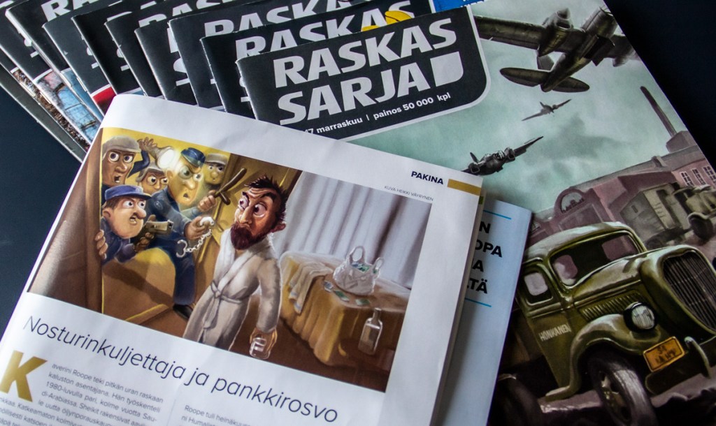 Kuva Raskassarja lehden kansista ja pakina-aukeamasta, jossa humoristinen kuvitus.