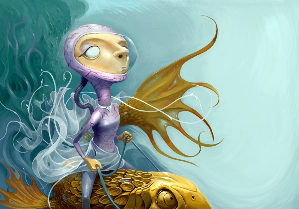 Digital illustration of a mermaid riding a giant fish.